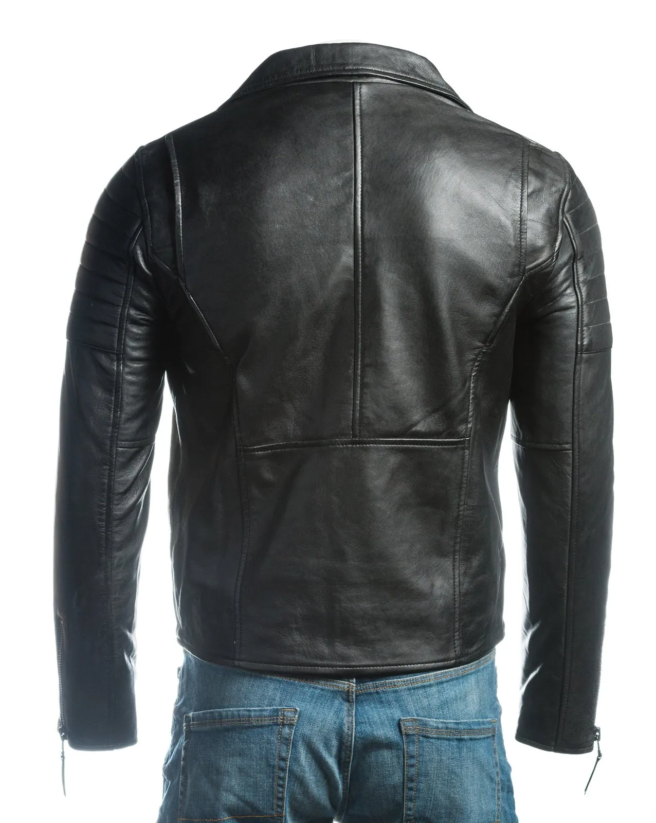 Men's Black Vintage Look Biker Style Leather Jacket: Placido