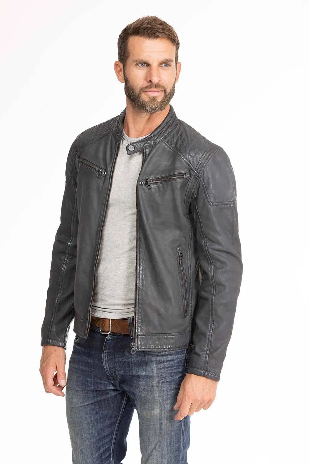 Men's blue leather jacket in gypsy motorcycle style 1201-0485