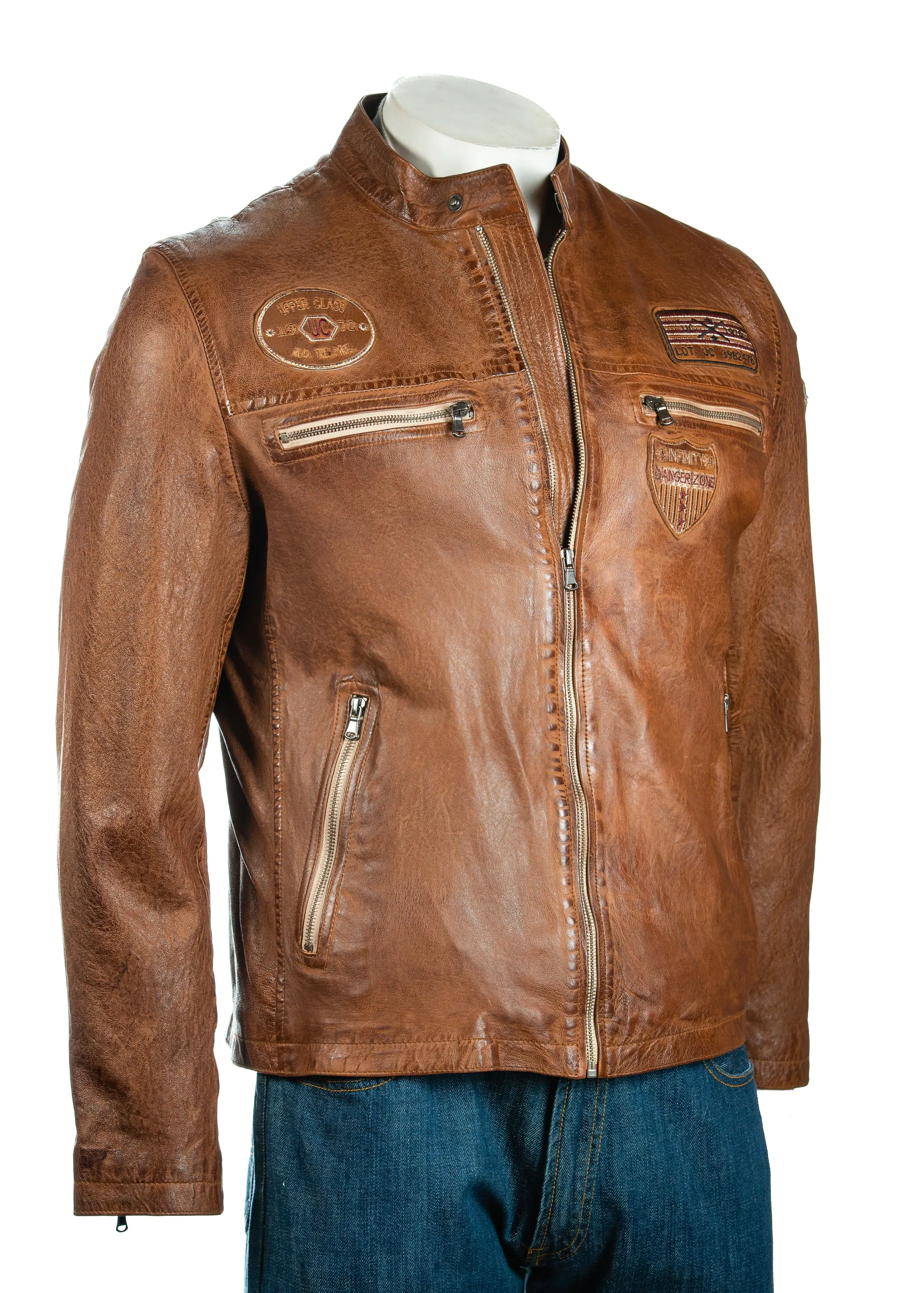 Men's Brown Slim Fit Leather Racer Jacket With Badges - Justin