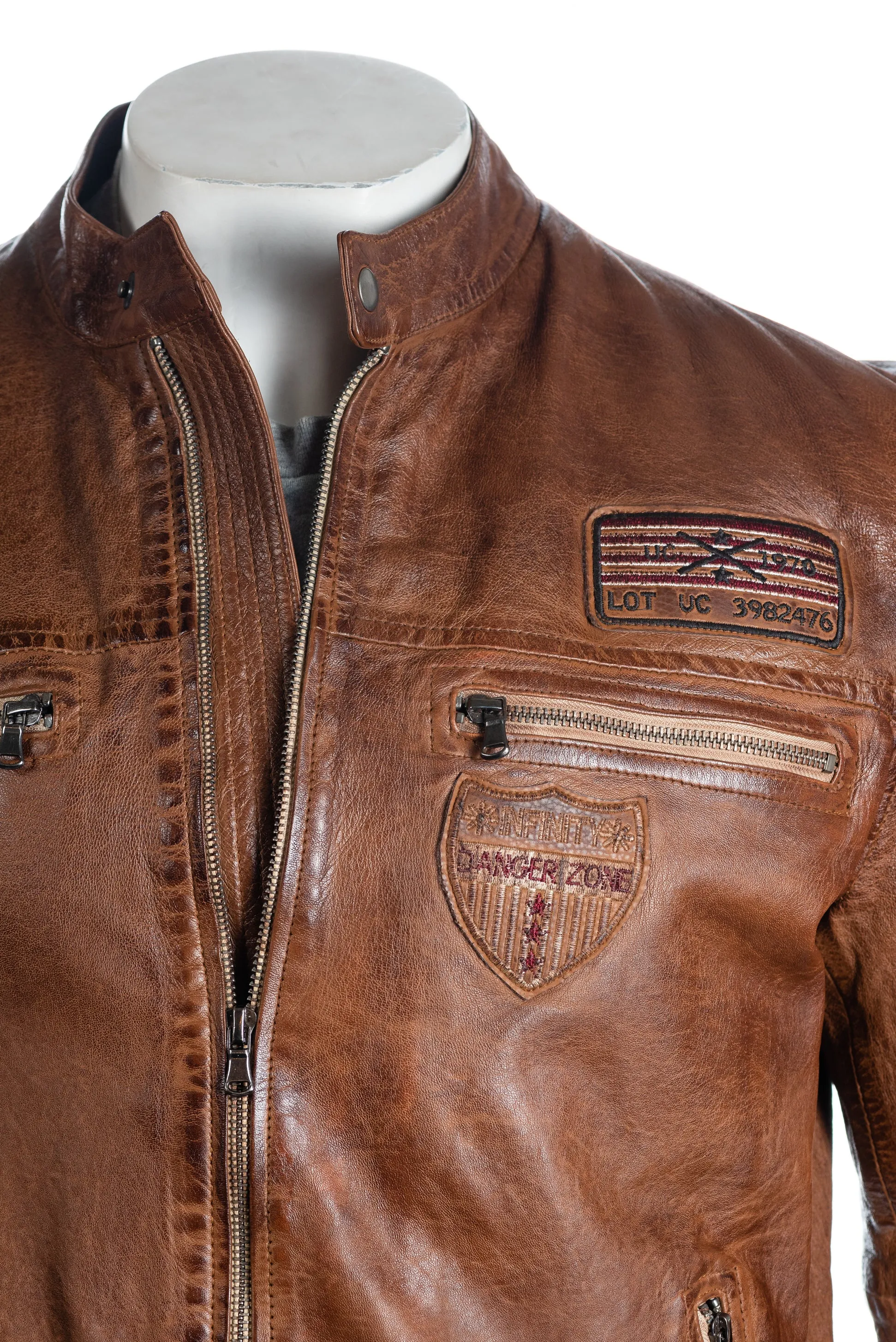 Men's Brown Slim Fit Leather Racer Jacket With Badges - Justin