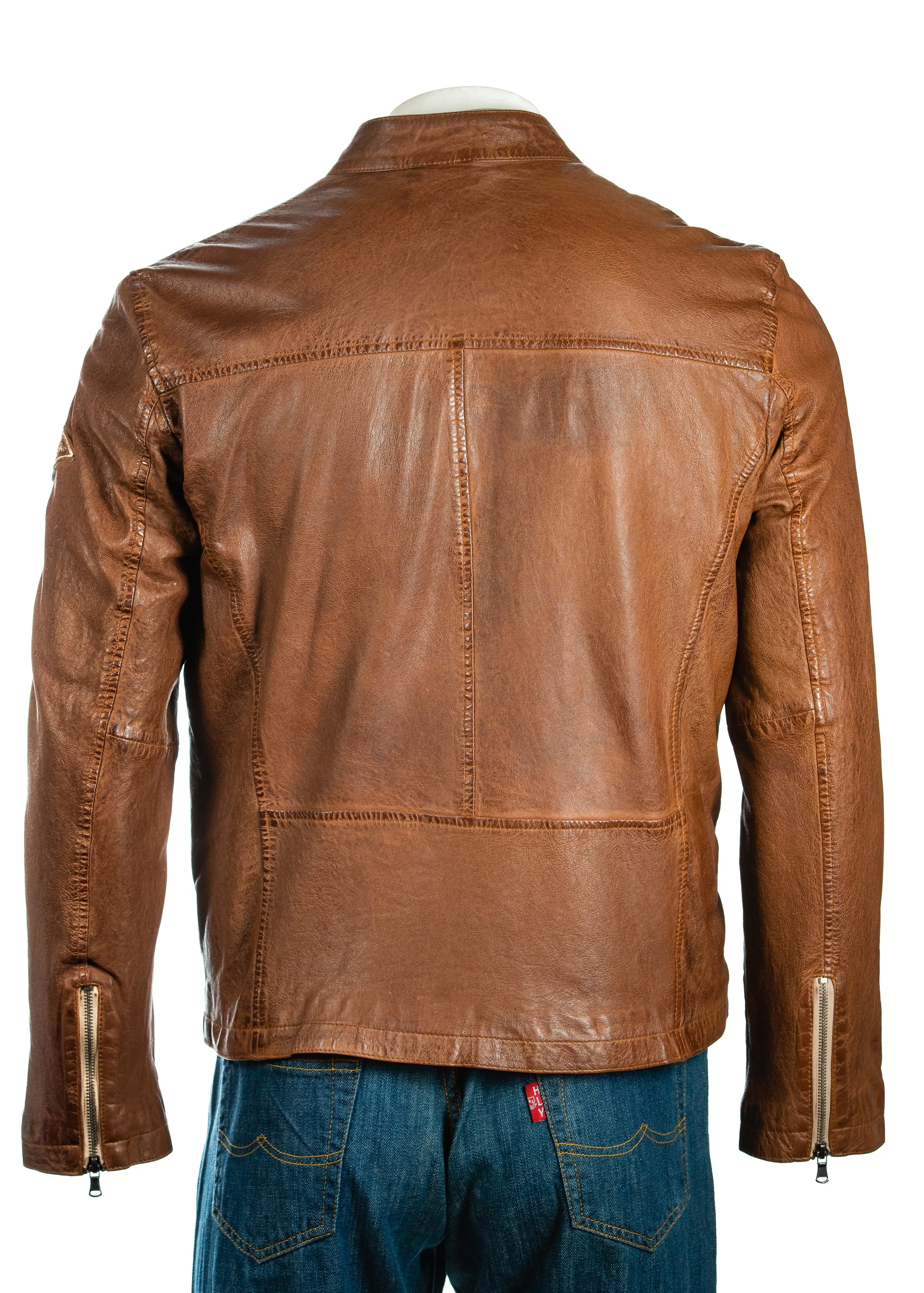 Men's Brown Slim Fit Leather Racer Jacket With Badges - Justin