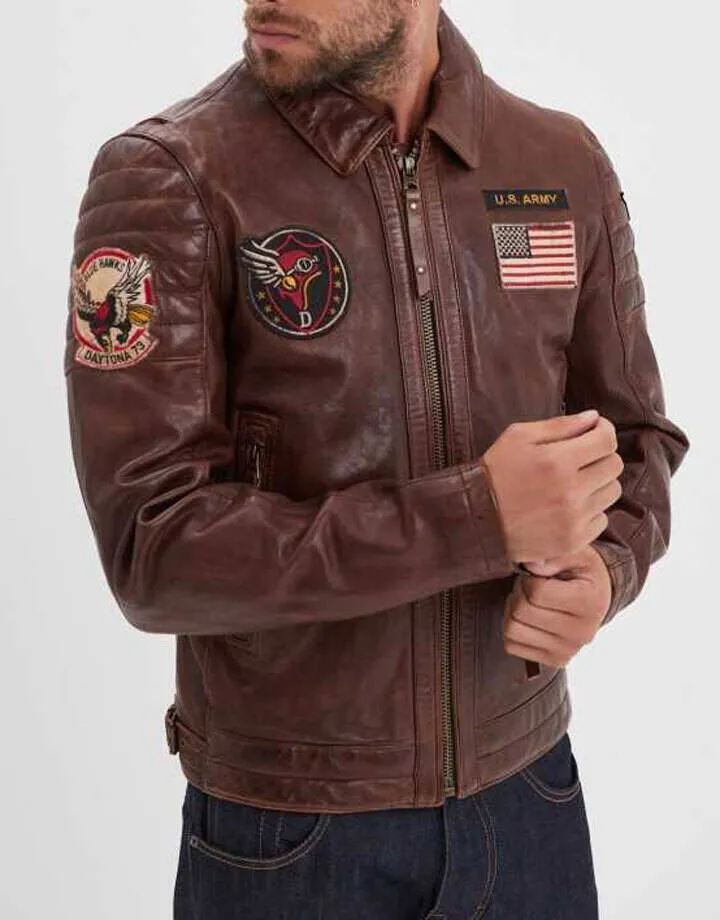 Men's dark cognac pilot style leather jacket duluth