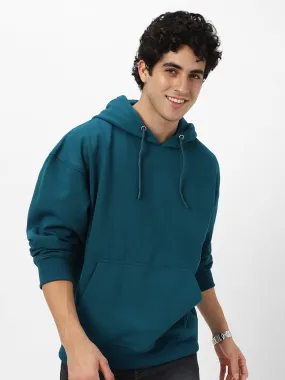 Men's Fog Teal Green Cotton Solid Oversized Hooded Neck Sweatshirt