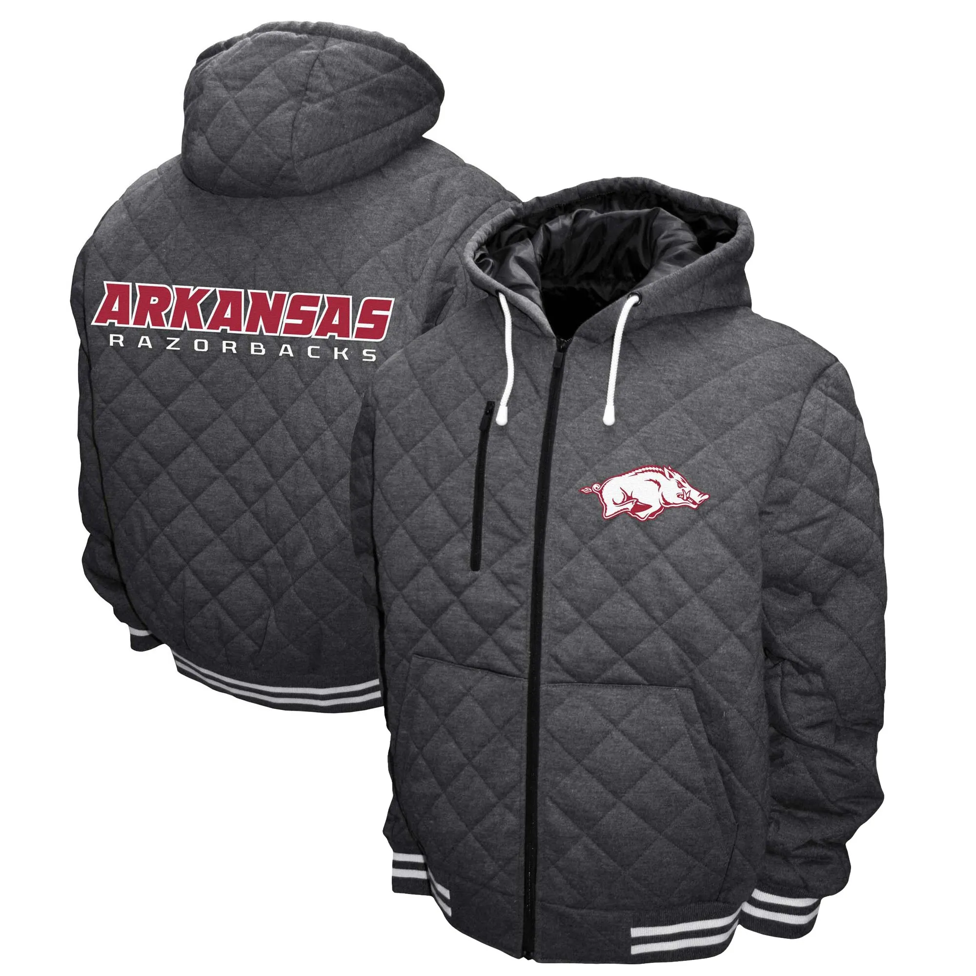 Men's Franchise Club Gray Arkansas Razorbacks Diamond Quilted Full-Zip Hoodie Jacket