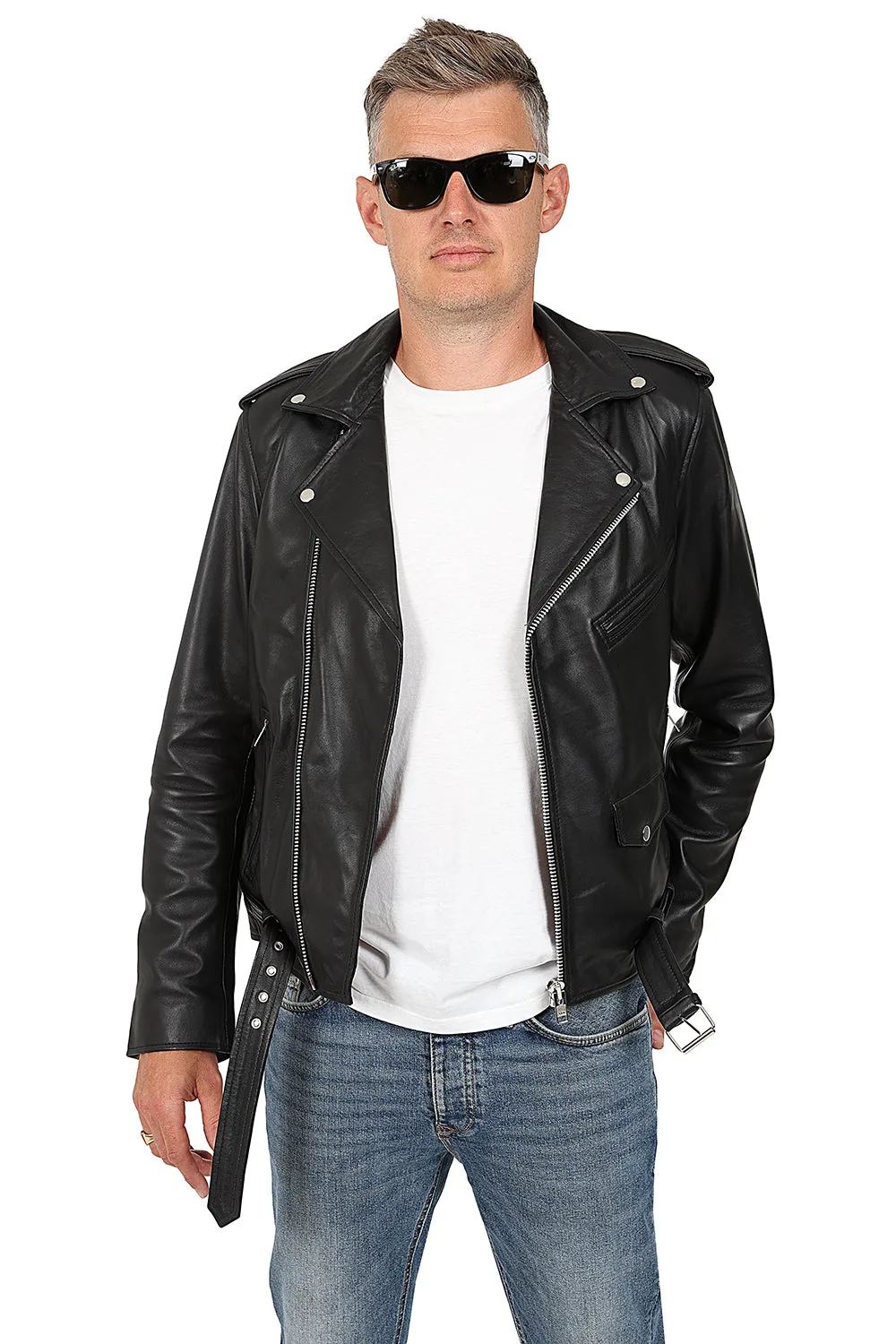 Men's Genuine Black Soft Napa Leather Biker Jacket - Fonzy-2