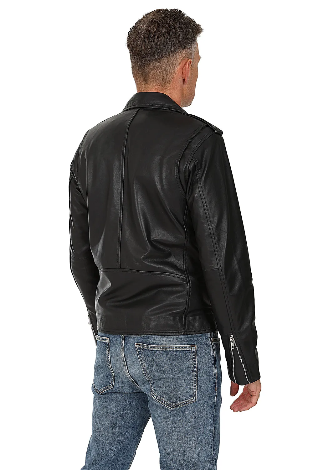 Men's Genuine Black Soft Napa Leather Biker Jacket - Fonzy-2