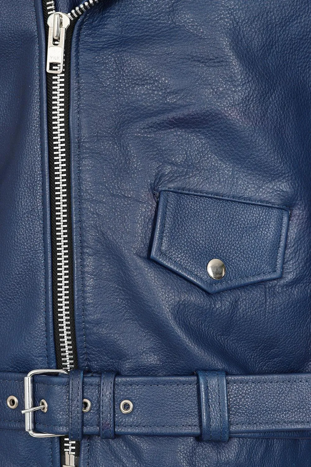 Men's Genuine Blue Classic Leather Biker Jacket - 'FONZY'