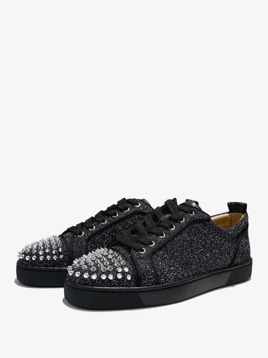 Mens Glitter Rhinestone Round Toe Low Top Sneakers With Spikes