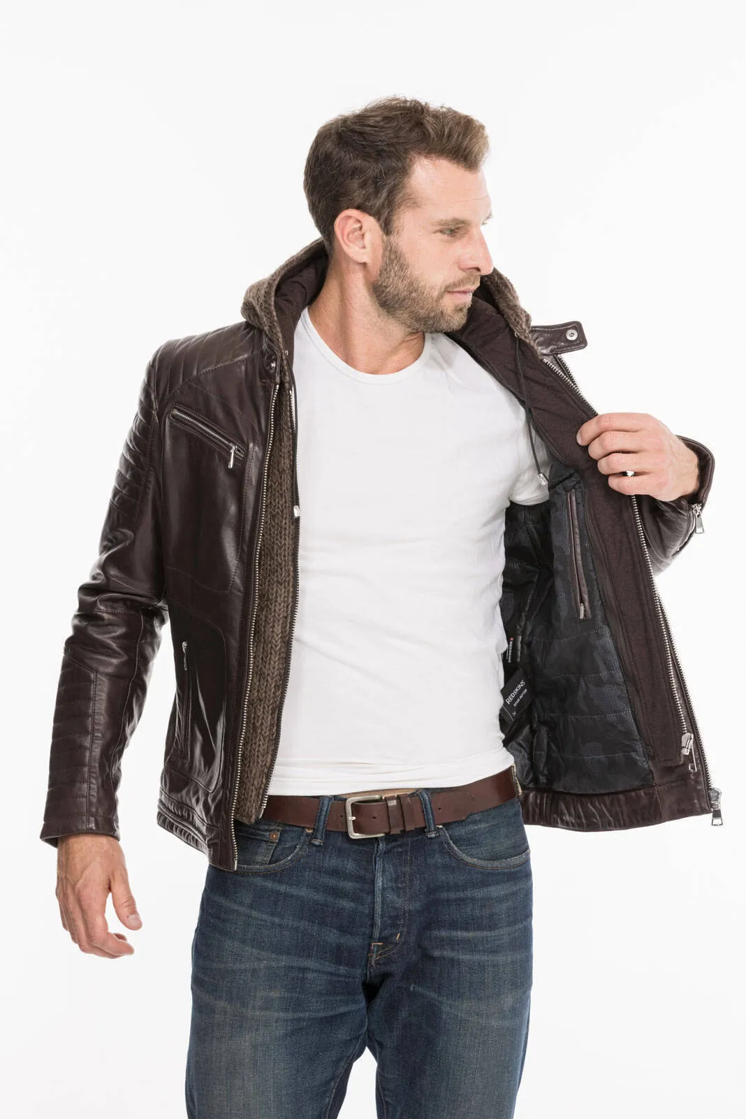 Men's hooded leather jacket togo redskins byron mojito