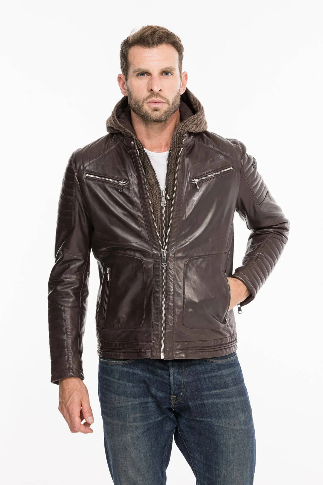 Men's hooded leather jacket togo redskins byron mojito