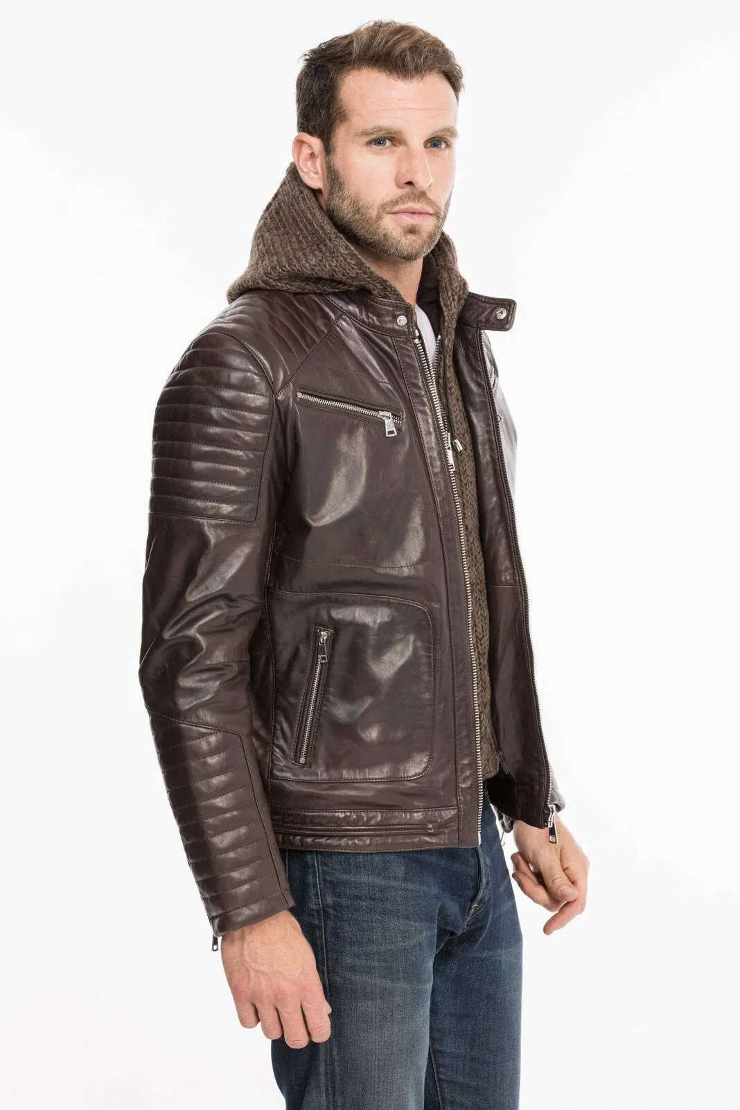 Men's hooded leather jacket togo redskins byron mojito