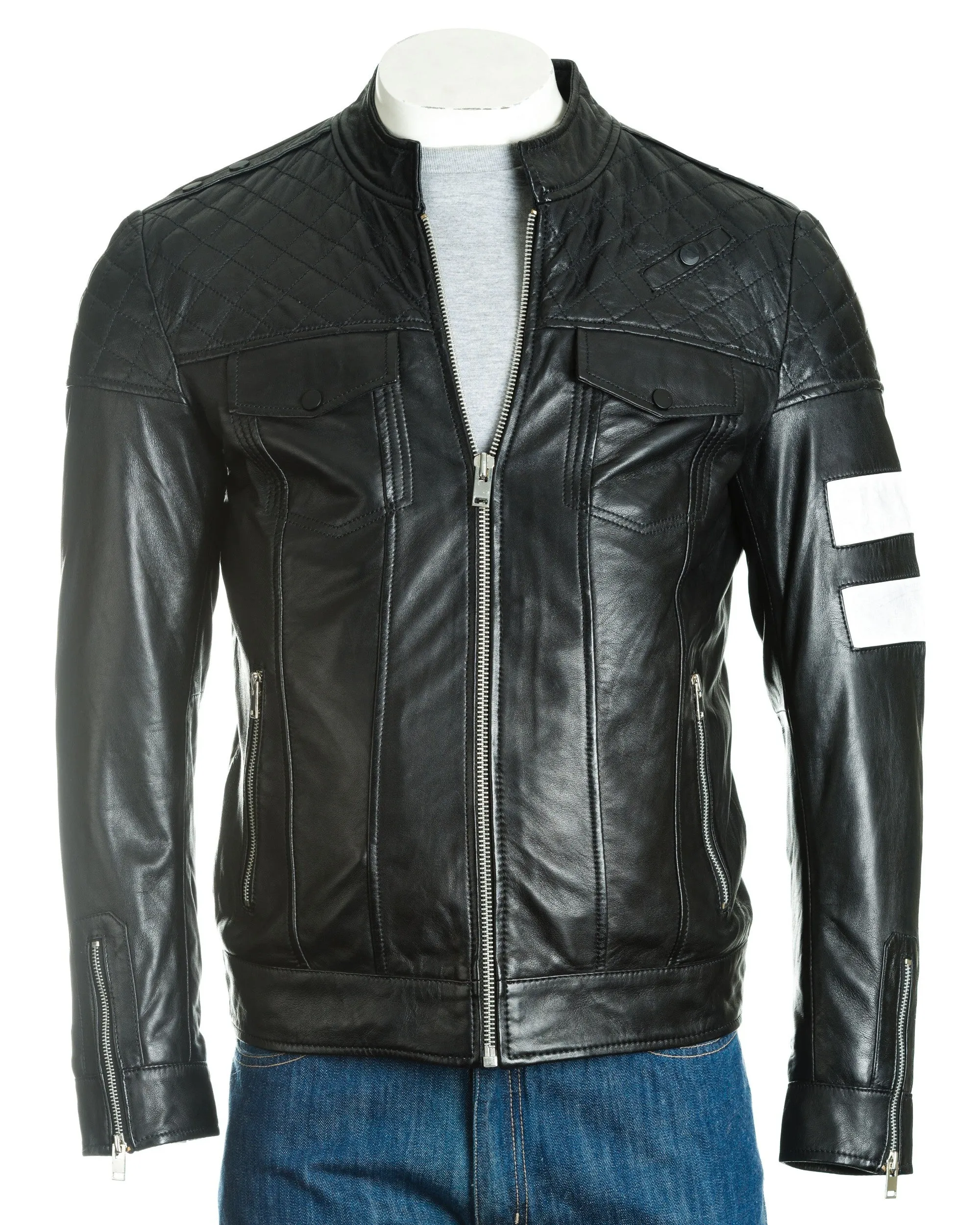 Men's Leather Biker Jacket with Contrast Stripe Detail: Manzu