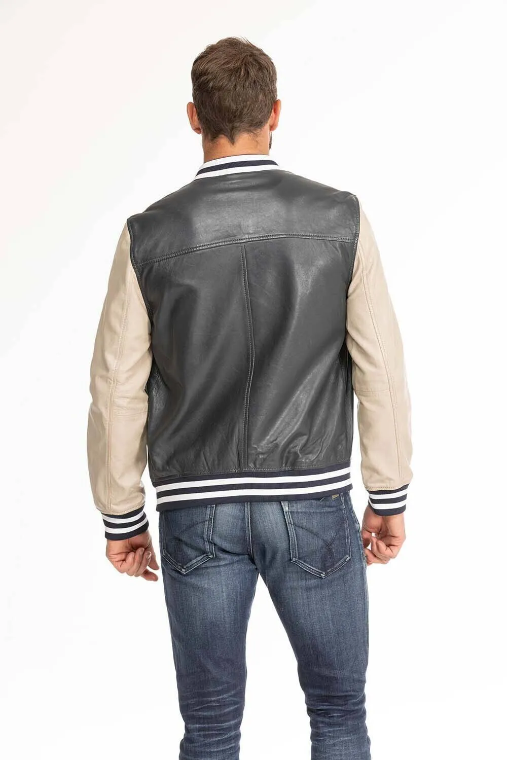 Men's navy and beige teddy style leather jacket 14923