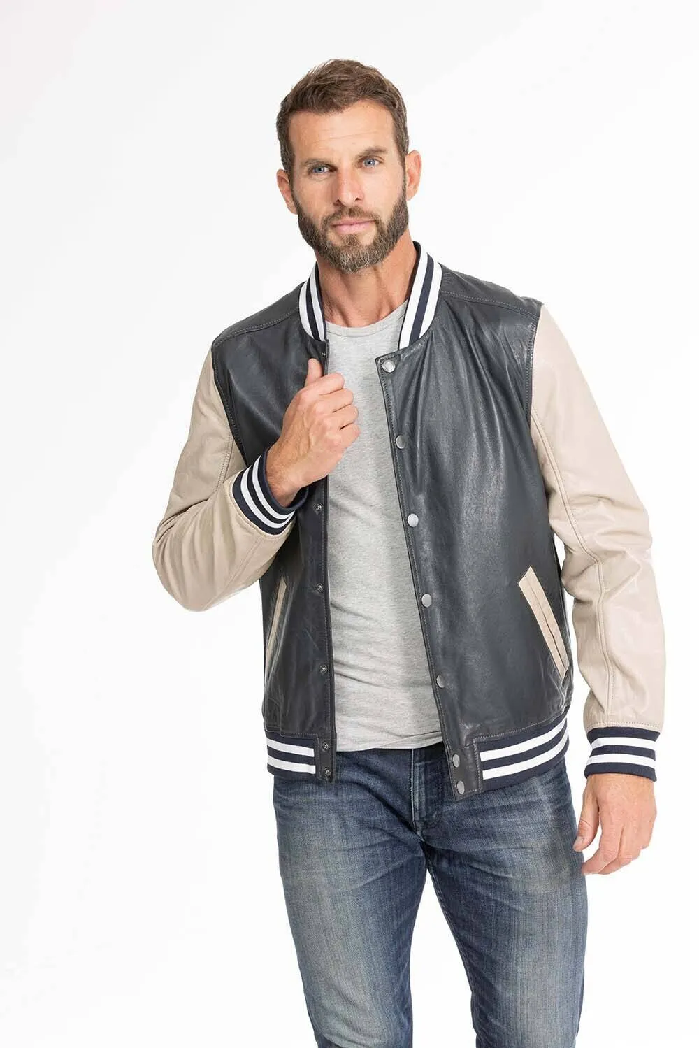 Men's navy and beige teddy style leather jacket 14923