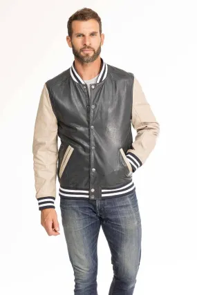 Men's navy and beige teddy style leather jacket 14923