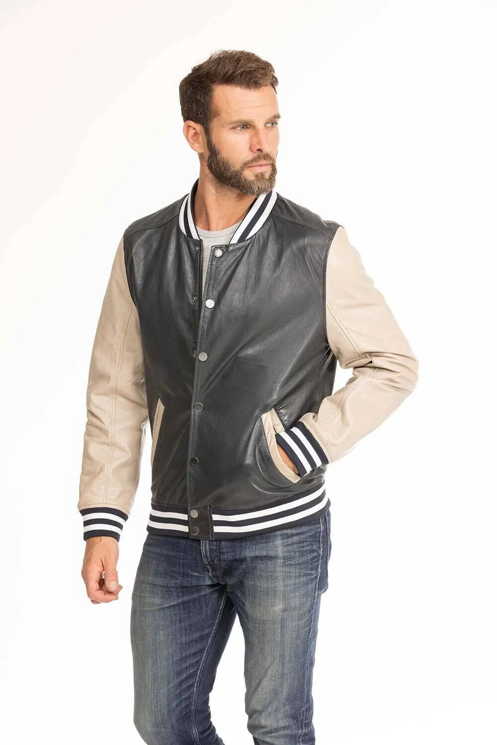 Men's navy and beige teddy style leather jacket 14923