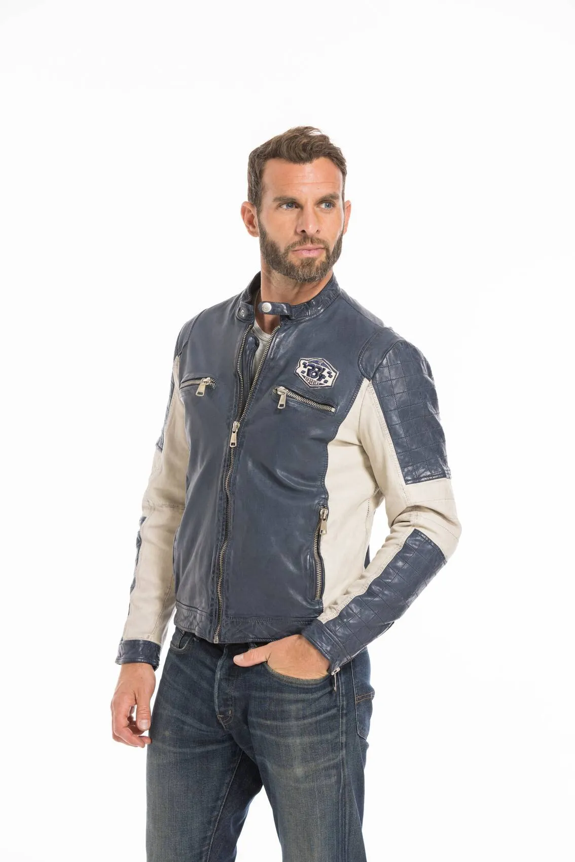 Men's navy/cream redskins trophy motorcycle style leather jacket