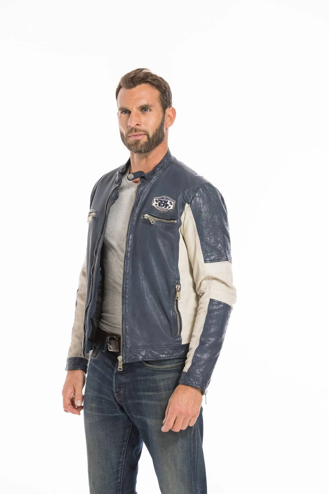 Men's navy/cream redskins trophy motorcycle style leather jacket