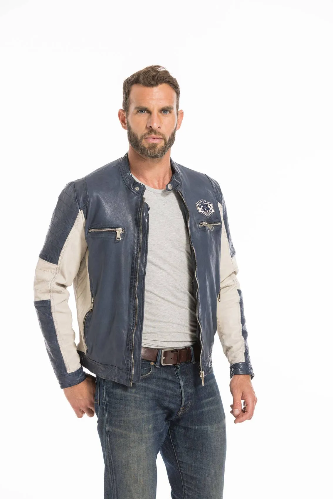 Men's navy/cream redskins trophy motorcycle style leather jacket