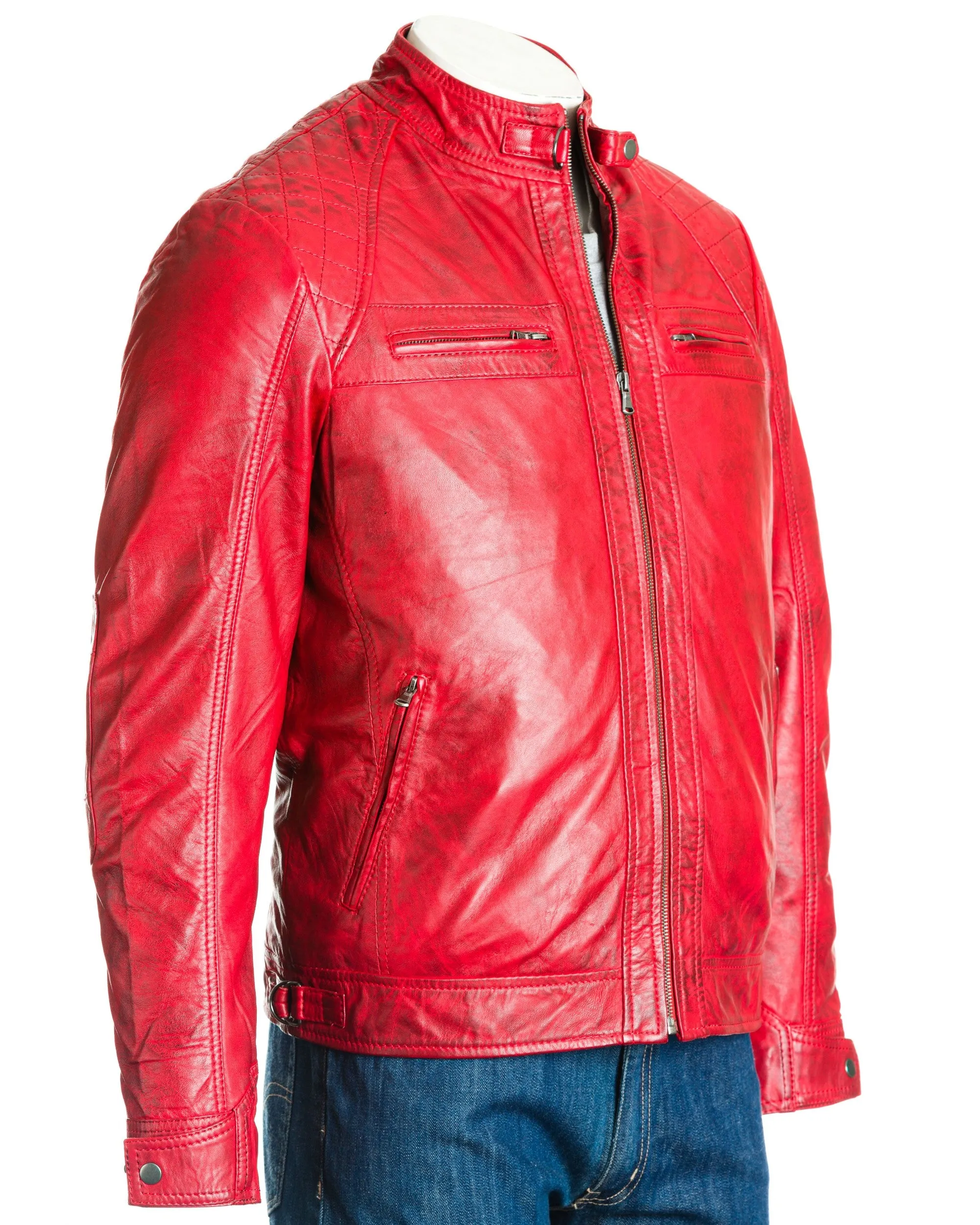 Men's Red Diamond Shoulder Biker Style Leather Jacket: Geronimo