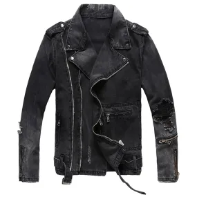 Men's Vintage Black Casual Frayed Decor Moto Biker Style Jacket