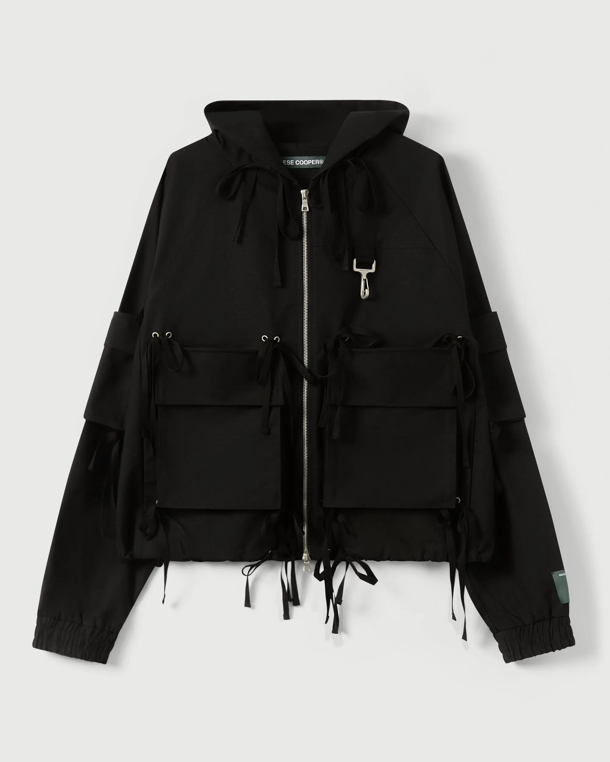 Modular Pocket Hooded Jacket in Black Cotton Ripstop