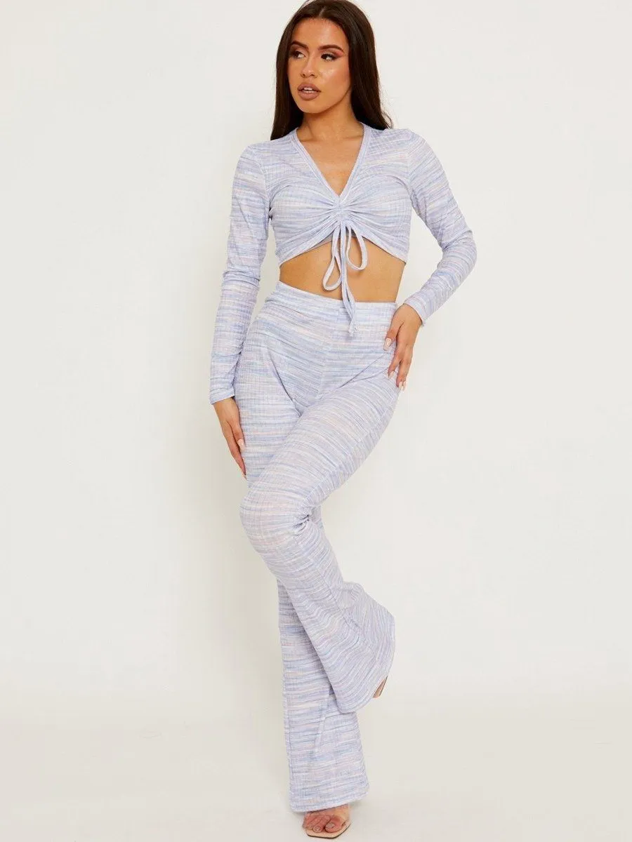 Multicolour Ruched Crop Top And Trousers Co-ord Set Blue