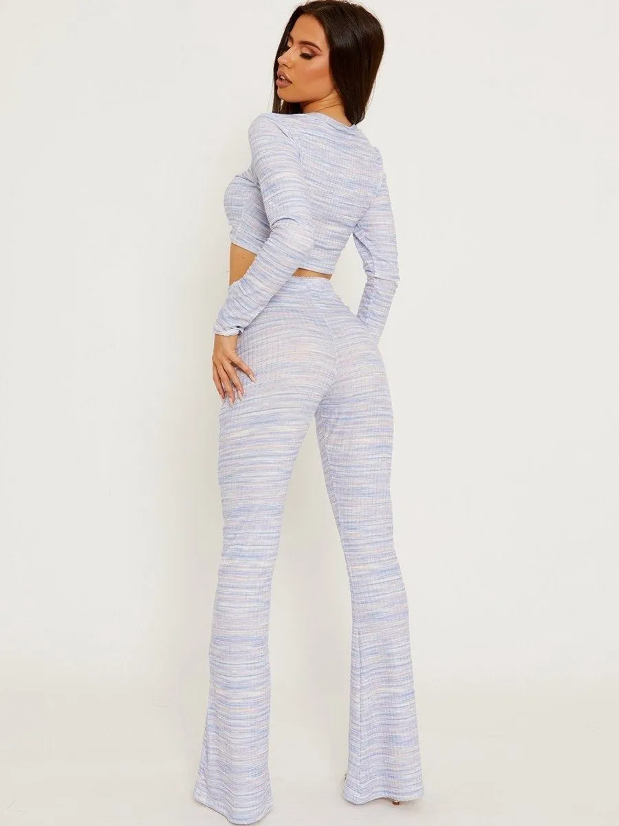 Multicolour Ruched Crop Top And Trousers Co-ord Set Blue