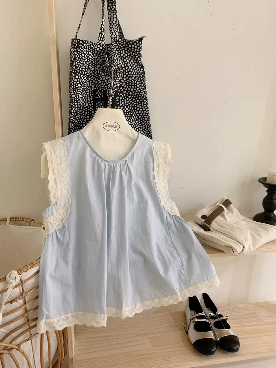 Niche lace comfortable cotton sleeveless doll shirt women's summer loose age-reducing western style retro waistcoat top