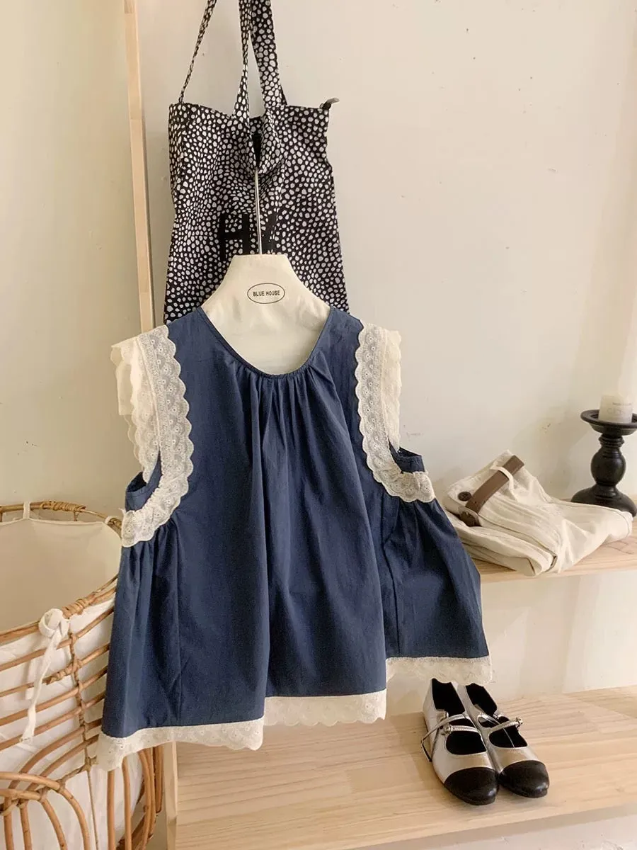 Niche lace comfortable cotton sleeveless doll shirt women's summer loose age-reducing western style retro waistcoat top