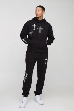 Oversized Boxy Cross Print Hooded Tracksuit