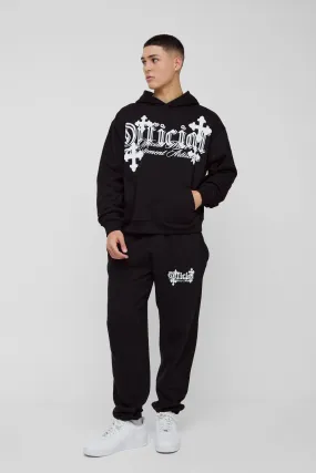 Oversized Boxy Cross Printed Hooded Tracksuit