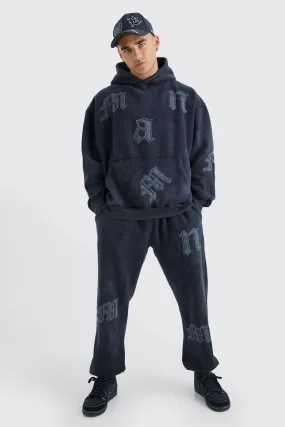 Oversized Man Acid Wash Applique Hooded Tracksuit | boohooMAN UK