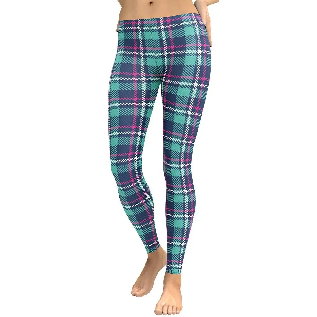 Pink & Turquoise Plaid Print Leggings