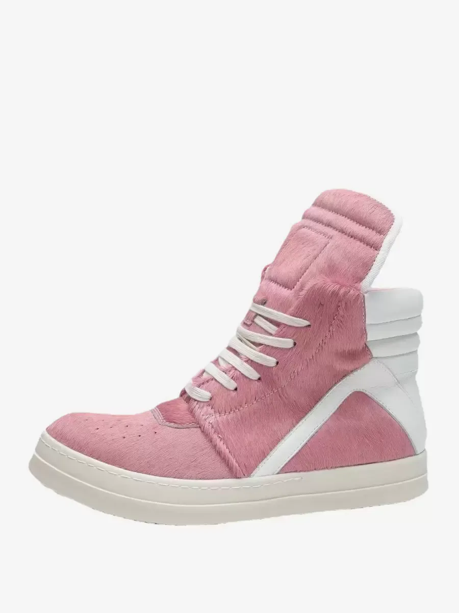 Pink High Top Sneakers Micro Horse Hair Round Toe Lace Up Skate Sneakers For Women