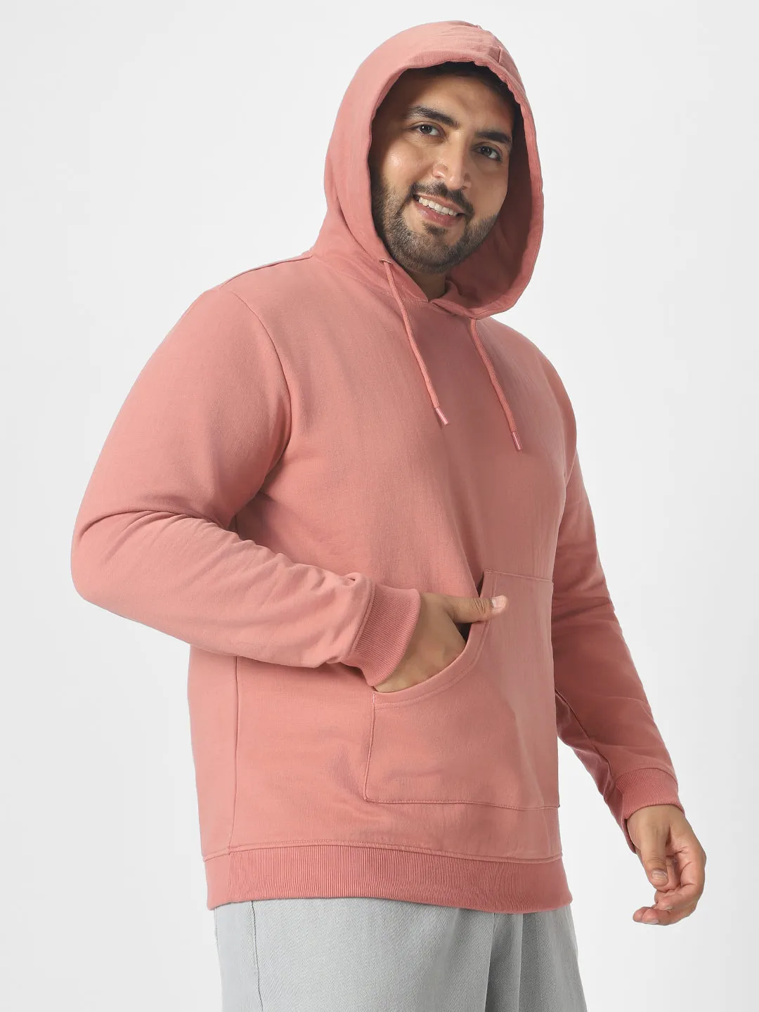 Plus Men's Pink Cotton Solid Hooded Neck Sweatshirt