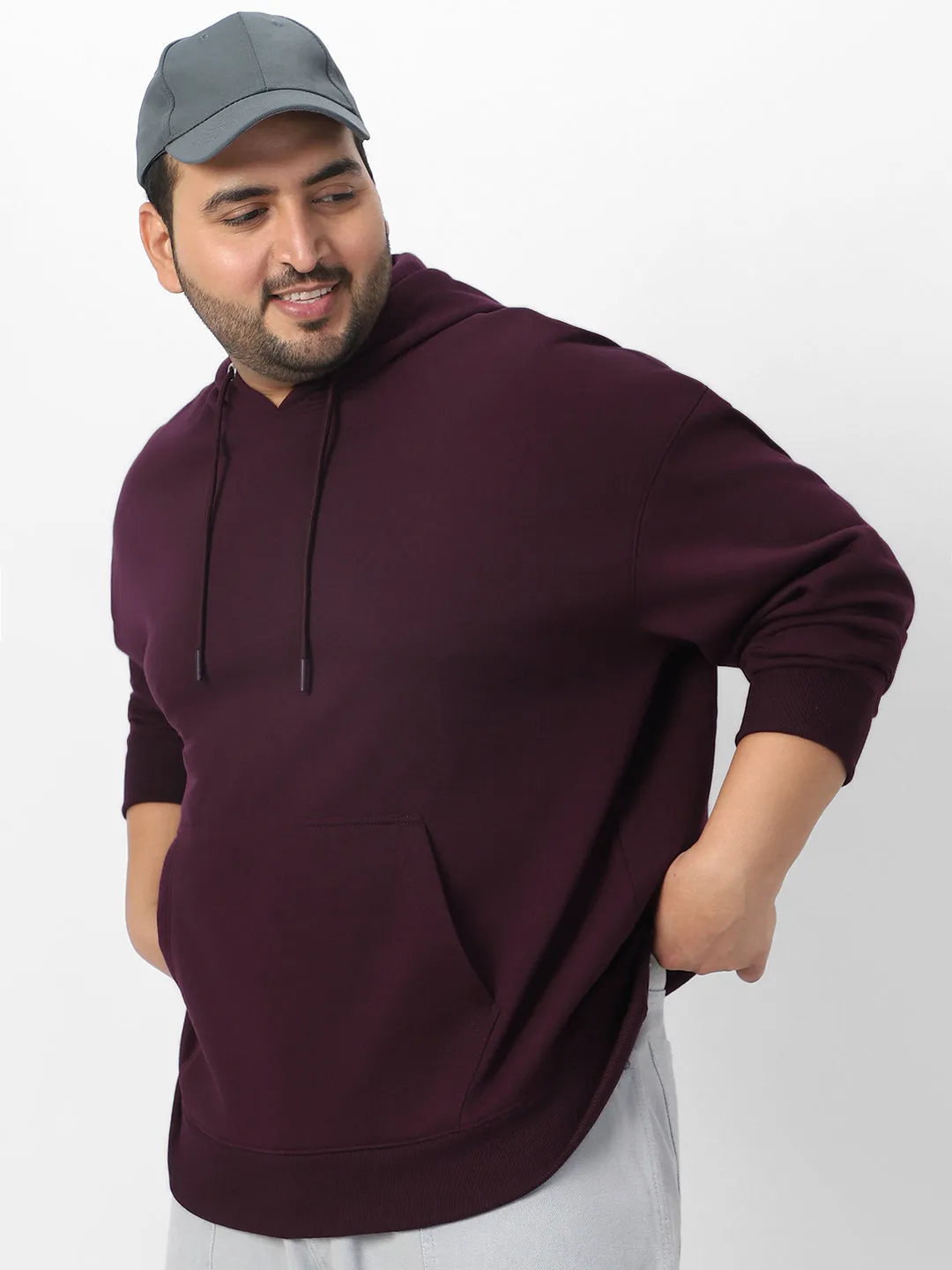 Plus Men's Potent Purple Cotton Solid Oversized Hooded Neck Sweatshirt