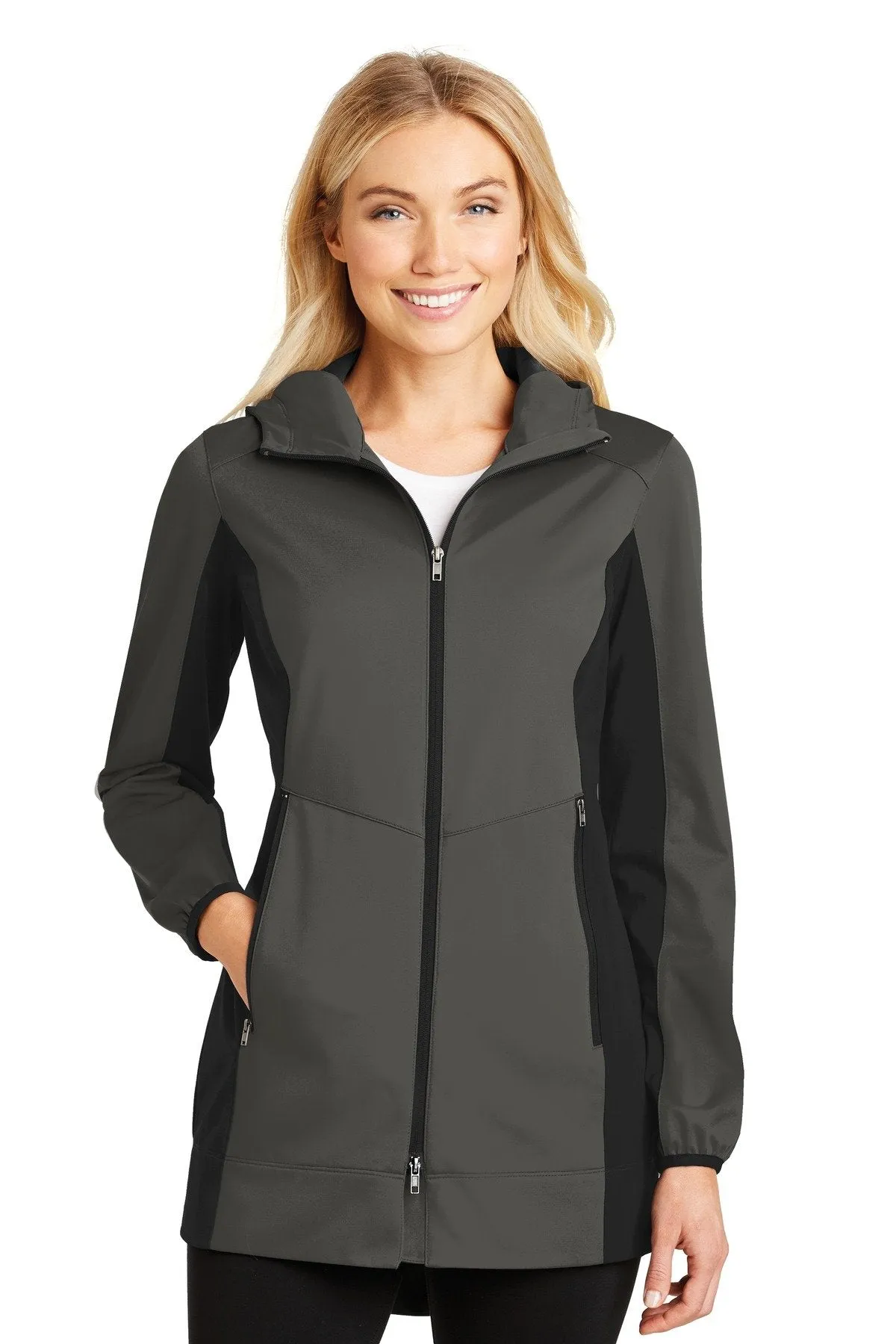 Port Authority Ladies Active Hooded Soft Shell Jacket L719 Grey Steel/ Deep Black