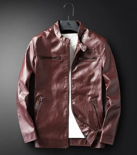 PU Leather jacket for men with collar strap and zipped front pockets