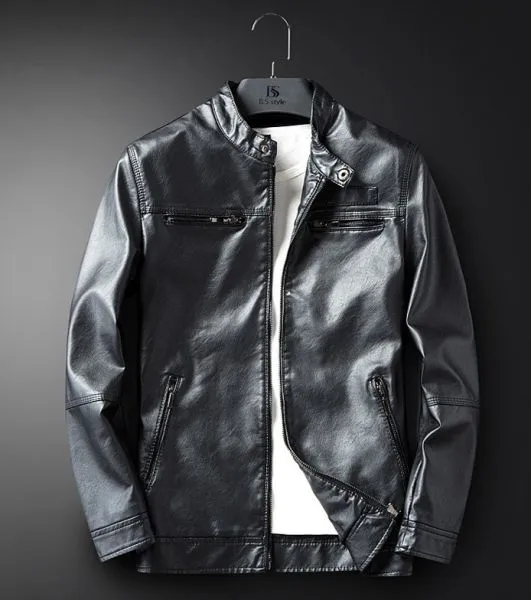 PU Leather jacket for men with collar strap and zipped front pockets