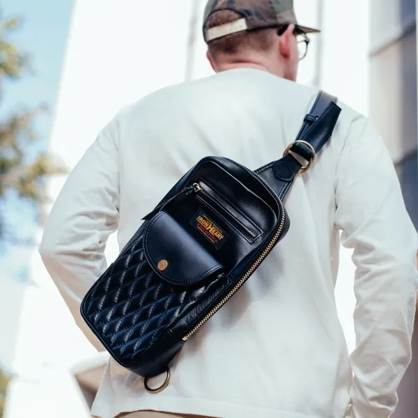 Rectangular Leather Diamond Stitched Shoulder Bag - Black