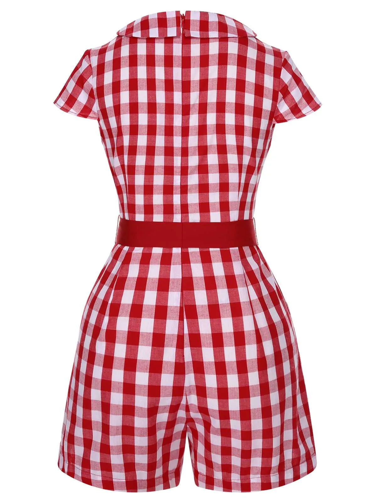 Red 1940s Lapel Plaids Belted Romper