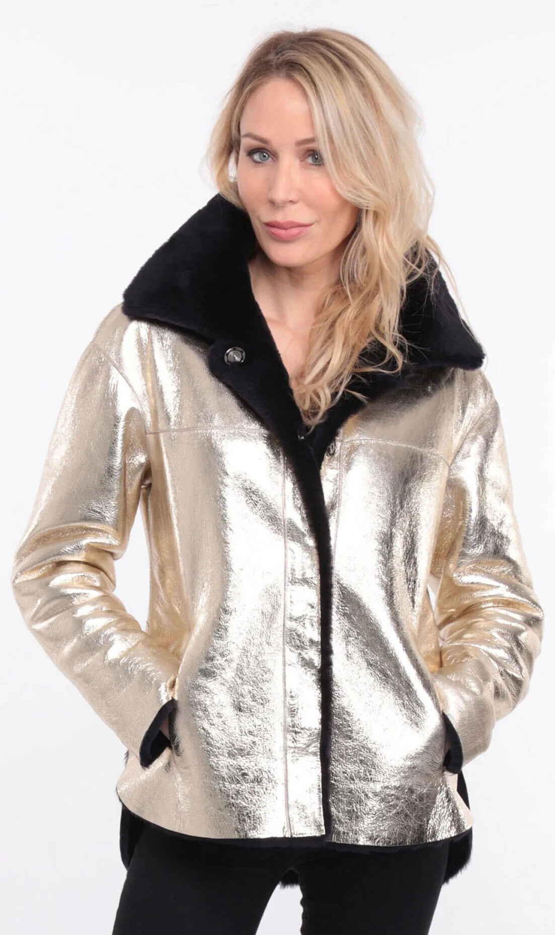 Reversible women's leather jacket navy gold rosa