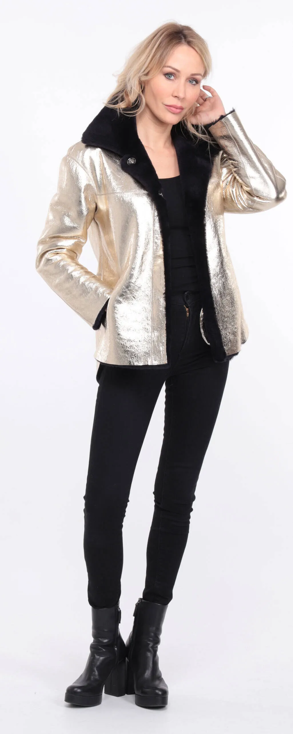 Reversible women's leather jacket navy gold rosa