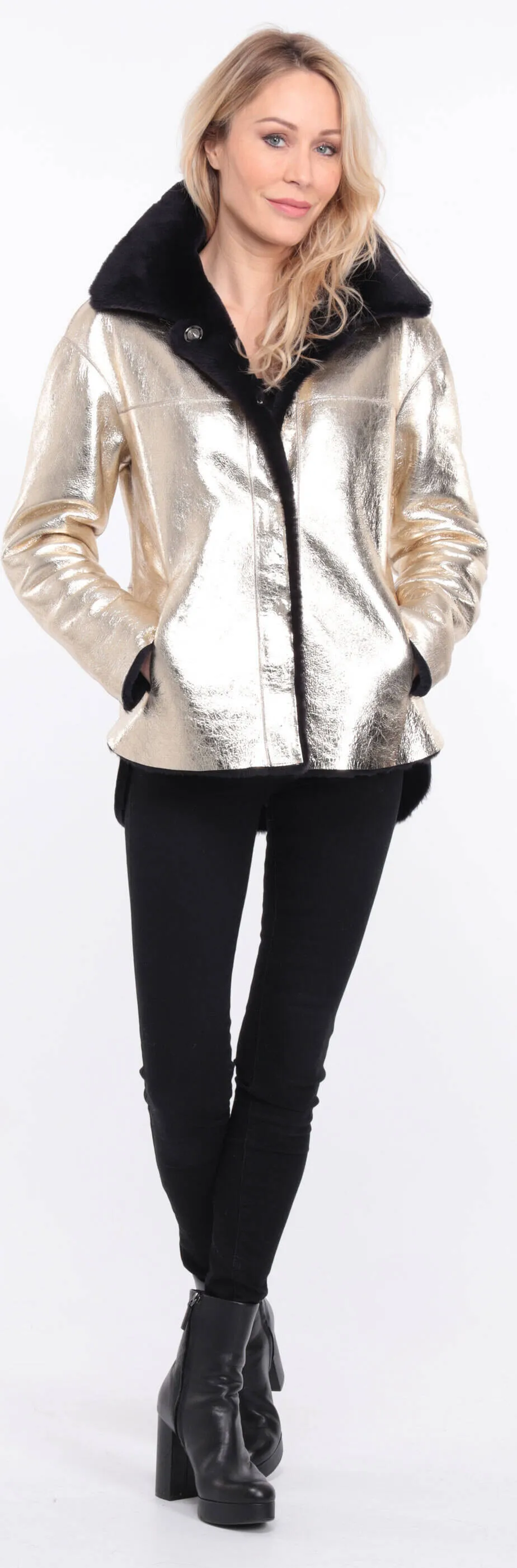 Reversible women's leather jacket navy gold rosa