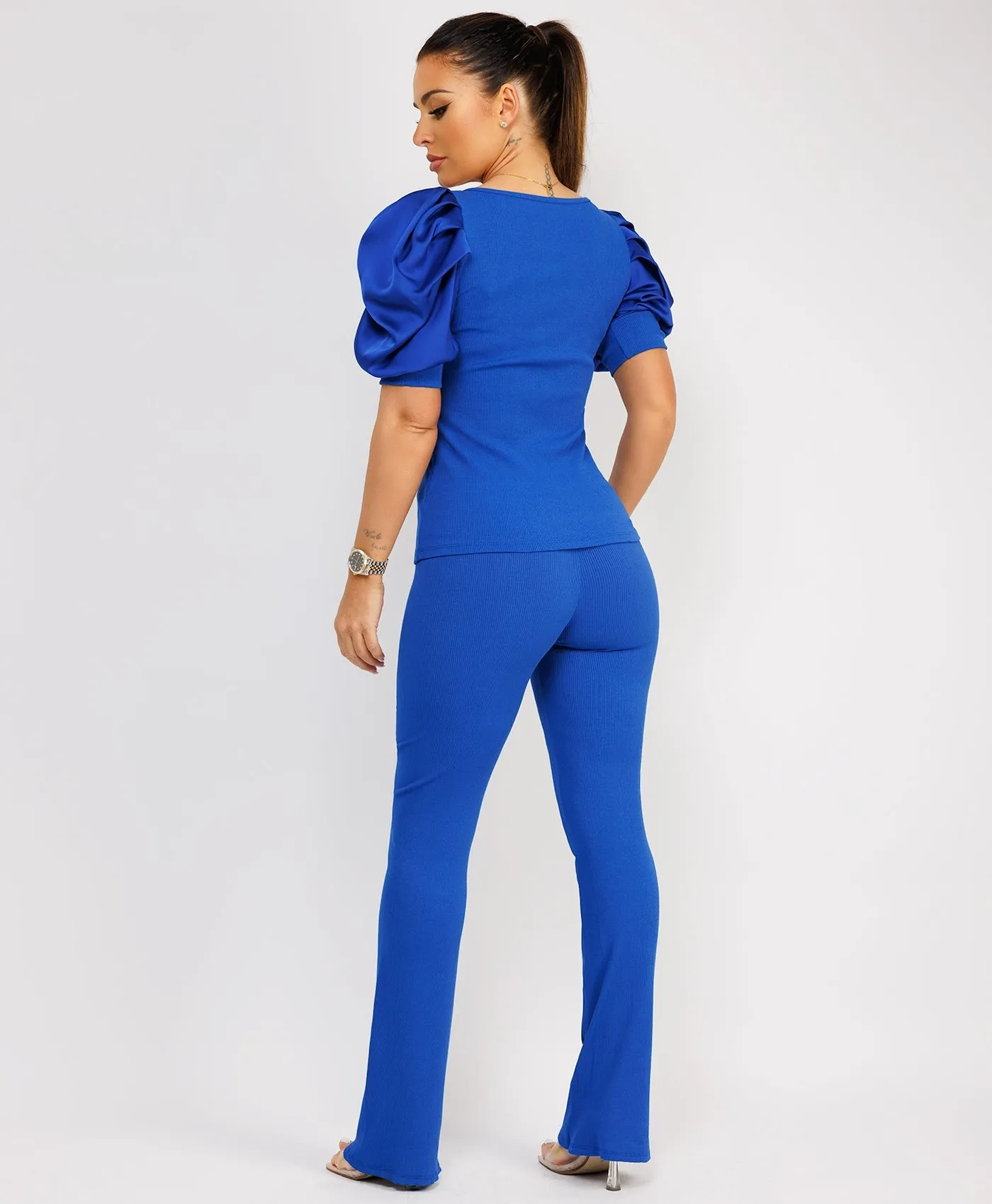 Royal Blue Satin Frill Puff Ribbed Top And Trousers Loungewear Set