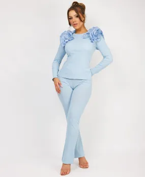 Sky Blue Ruffle Frill Shoulder Ribbed Top And Trousers Loungewear Set