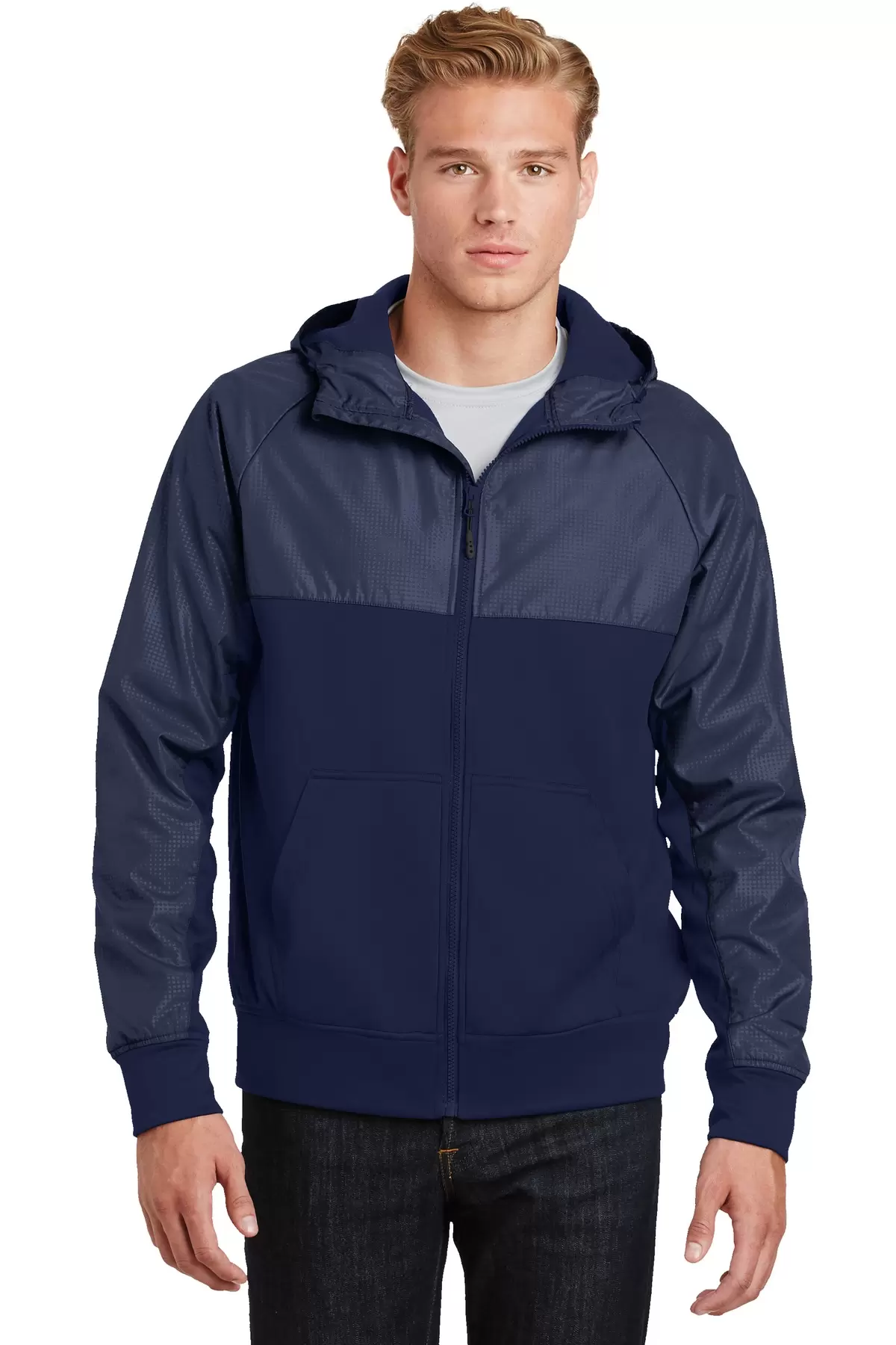 Sport Tek JST50 Sport-Tek Embossed Hybrid Full-Zip Hooded Jacket SKU: JST50