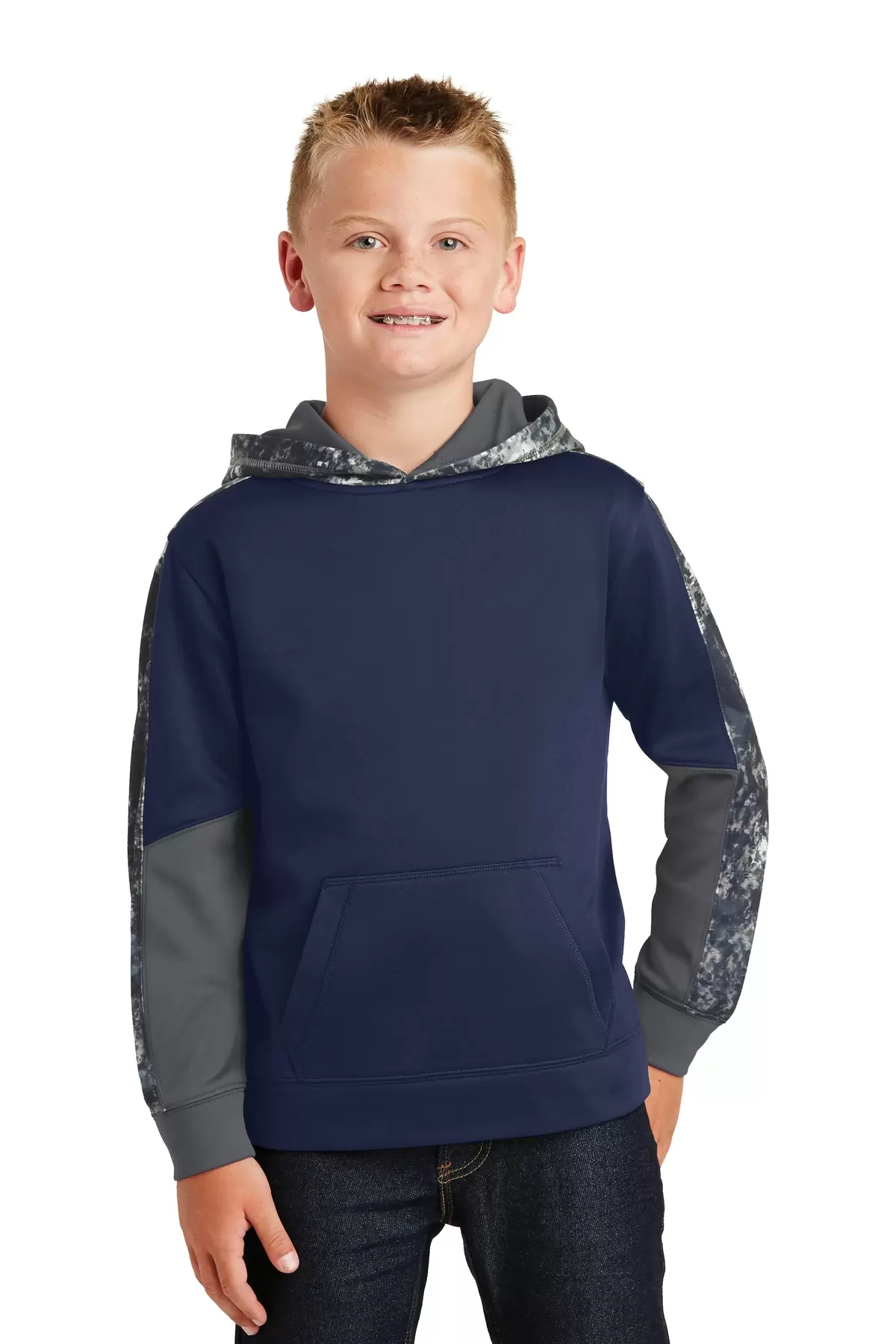 Sport Tek YST231 Sport-Tek Youth Sport-Wick Mineral Freeze Fleece Colorblock Hooded Pullover SKU: YST231