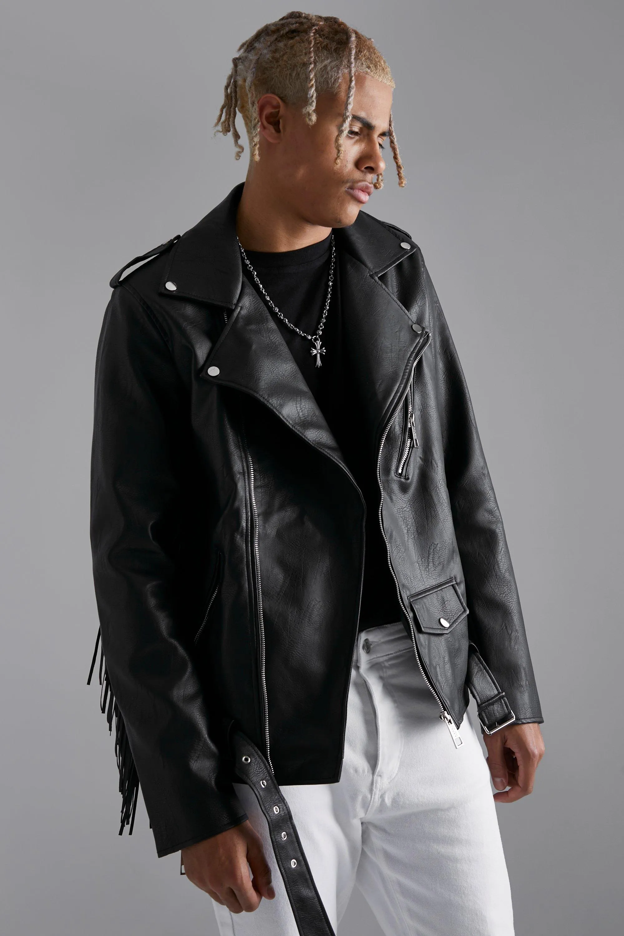 Tall Faux Leather Biker Jacket With Fringe | boohooMAN UK